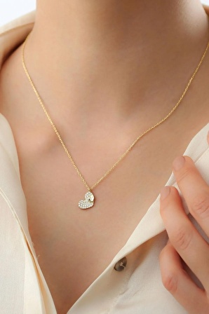 925 Ayar Zirkon Taşlı Kalp Gold Kadın Gümüş Kolye