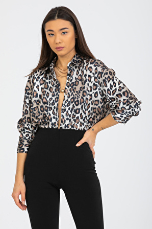 Leopar Desenli Saten Oversize