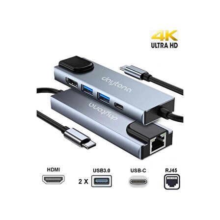 Daytona CF55 Macbook Android Uyumlu Type-C to 2*USB 3.0 4K HDMI Gigabit Ethernet RJ45 PD Çevirici Hub Adaptör