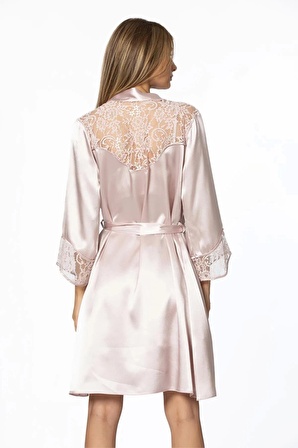 Pierre Cardin Saten Dantelli Gecelik ve Sabahlık Takımı 4075 - Pudra