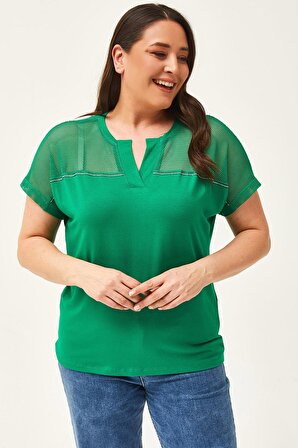 Kadın Büyük Beden Fileli Taş Detaylı Yeşil Bluz