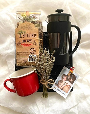 Kış Çayı & Kırmızı kupa & Lavanta & Frenchpress & Kişiselleşirilebilir Fotoğraf