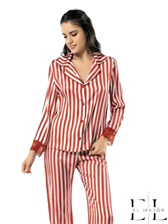 EL Major Kadın Çizgili Kiremit Ikili Saten Gecelik Pijama Takımı