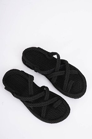 Rope Siyah Halat Sargılı Yazlık Sandalet