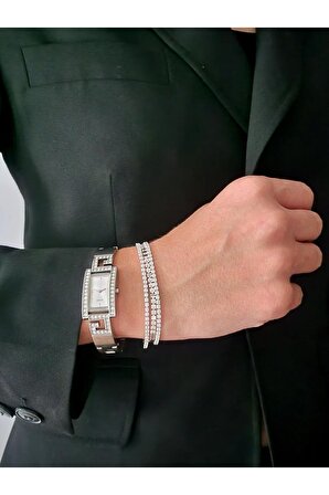 Su Yolu Arpa Model Zirkon Taşlı Saat Yanına Silver Gümüş Renk Çelik Bileklik