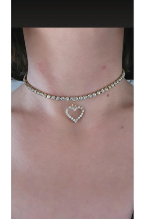 Kristal Taşlı Kalp Love Altın Kaplama Gold Sarı Renkli Choker Kolye