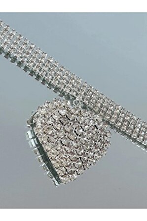 Kristal Taşlı 4 Sıra Model Kalp Figürlü Choker Tasma Gerdanlık Altın Kaplama Kolye