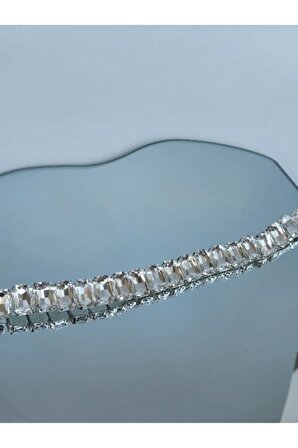 Pırlanta Baget Elmas Model Choker Tasma Gerdanlık Rhinestone Gümüş Renkli Şeffaf Kolye