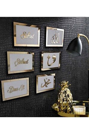 Ev Duvar Gold Renk Dekoratif 6'lı Sabret-Şükret-Dua Et-Allah-Muhammed-Vav Şık Kombin Tablo Set
