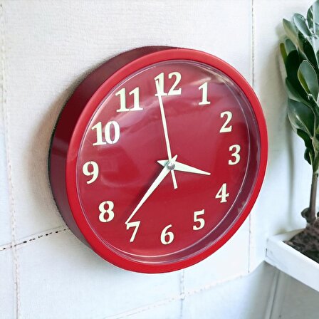 Fosforlu Gece Parlayan Kırmızı Salon Mutfak Ofis Duvar Saati 22 cm Plastik