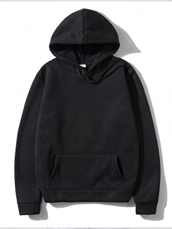 Düz Renk Tasarım 3 İplik Kalın Siyah Sweatshirt Hoodie 