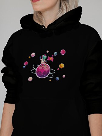 Galaxi Uzay Baskılı Tasarım 3 İplik Kalın Siyah Sweatshirt Hoodie 
