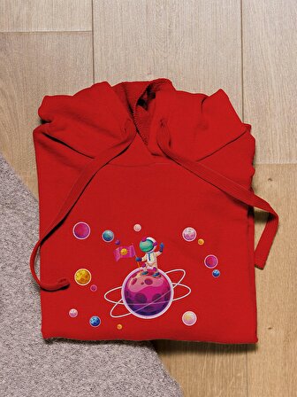 Galaxi Uzay Baskılı Tasarım 3 İplik Kalın Kırmızı Sweatshirt Hoodie 