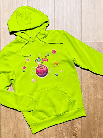 Galaxi Uzay Baskılı Tasarım 3 İplik Kalın Neon Sarı Sweatshirt Hoodie 