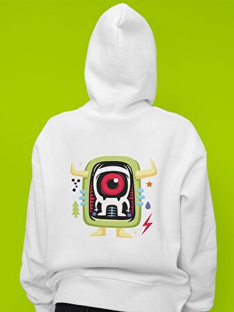 Monster Canavar Baskılı Tasarım 3 İplik Kalın Beyaz Sweatshirt Hoodie 