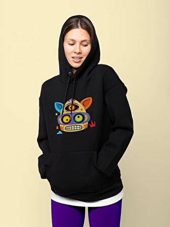 Monster Canavar Kedi Baskılı Tasarım 3 İplik Kalın Siyah Sweatshirt Hoodie 