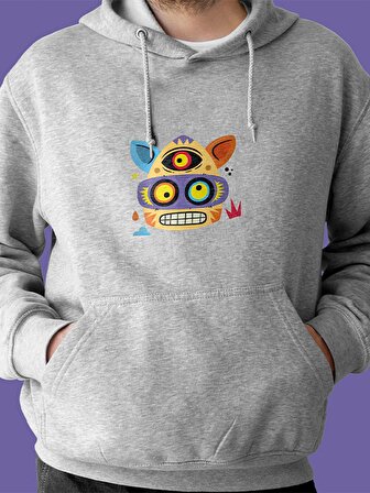 Monster Canavar Kedi Baskılı Tasarım 3 İplik Kalın Gri Sweatshirt Hoodie 