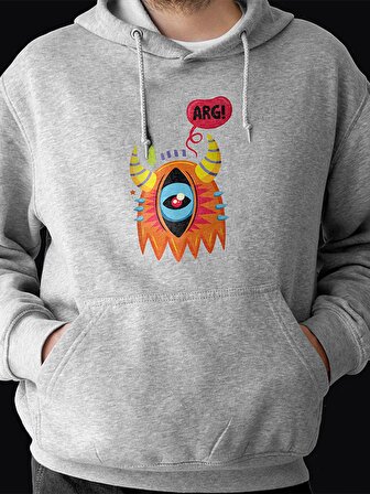 Monster Canavar Eye Baskılı Tasarım 3 İplik Kalın Gri Sweatshirt Hoodie 