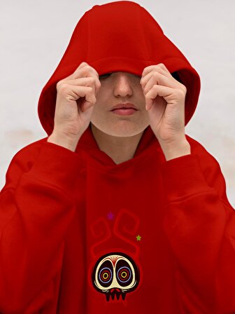Kurukafa Monster Canavar Baskılı Tasarım 3 İplik Kalın Kırmızı Sweatshirt Hoodie 