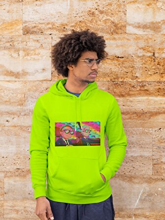 Rick and Morty Baskılı Tasarım 3 İplik Kalın Neon Sarı Sweatshirt Hoodie 