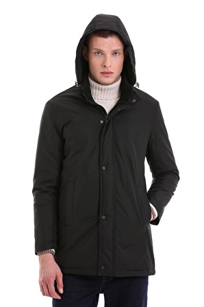 Siyah Slim Fit Desenli Hakim Yaka Kapüşonlu Kaban | S