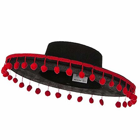 Kırmızı Ponponlu İspanyol Şapkası (Çocuk) - Siyah