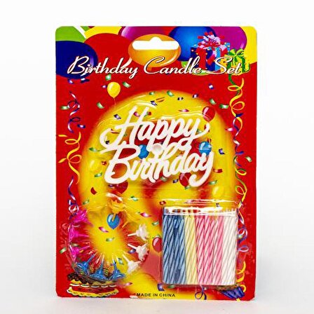 Beyaz Happy Birthday Yazılı + Doğum Günü Mumu (12 Adet) - Rengarenk Renkli