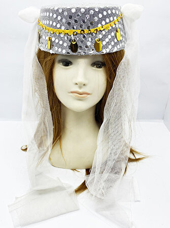 Altın Pullu Kına /Oryantal Fesi Şapkası - Beyaz