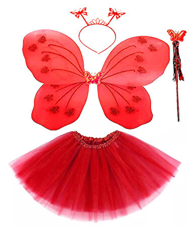 Kelebek Kostüm Seti (Tütü Etek + Kanat + Taç + Asa (Değnek)) - Kırmızı