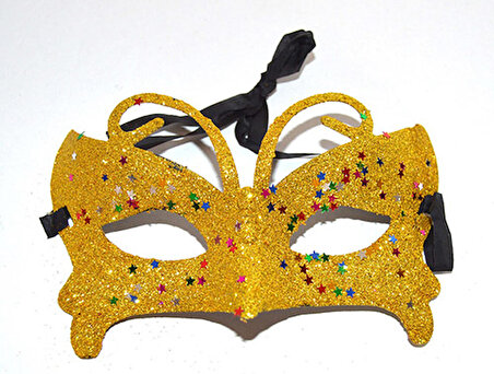 Simli Kelebekli Kostüm Partisi Maskesi (10x13 cm) - Altın Renk