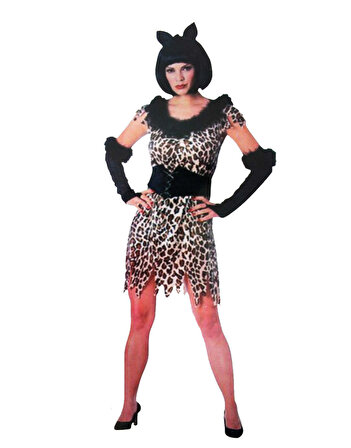 Leopar Kostümü  -  Kedi Kız Kostümü -  Taş Devri Kostümü - Yetişkin (Kadın)