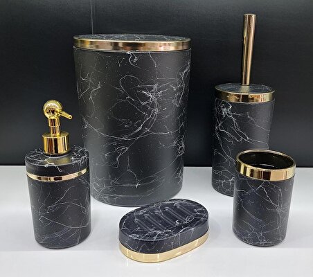 5 Parça Akrilik Gold Çizgi Granit Desen Soft Yuvarlak Banyo Seti Mat Siyah