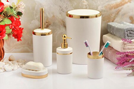 5 Parça Akrilik Gold Çizgi Soft Yuvarlak Banyo Seti Mat Beyaz