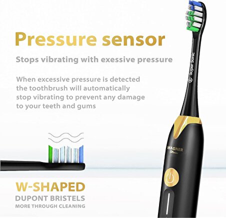 Wagner Stern Basınç Sensörlü Ultrasonik Beyazlatıcı Diş Fırçası - Siyah-Altın