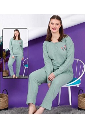 Kadın Kışlık Raporlu Kumaş Geniş Beden Büyük Anne Kalıp Uzun Kol Pijama Takımı Yeşil