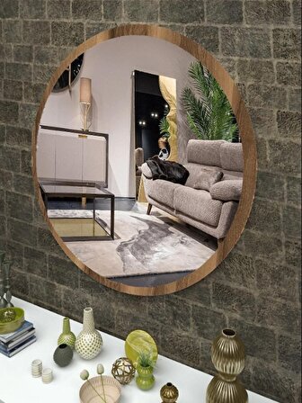 Koyu Ceviz Dekoratif Yuvarlak Antre Hol Koridor Duvar Salon Mutfak Banyo Wc Ofis Aynası 50 cm
