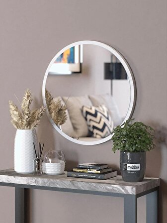 Beyaz Dekoratif Yuvarlak Antre Hol Koridor Duvar Salon Mutfak Banyo Wc Ofis Aynası 59 cm