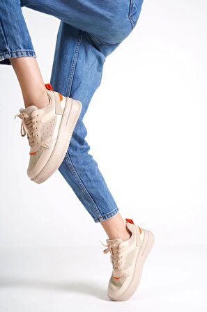 ALESSI Bağcıklı Ortopedik Taban Kadın Sneaker Ayakkabı TT Ten/Turuncu