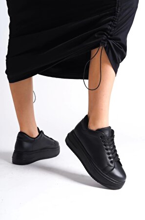 BIANA Bağcıklı Ortopedik Taban Kadın Sneaker Ayakkabı ST Siyah