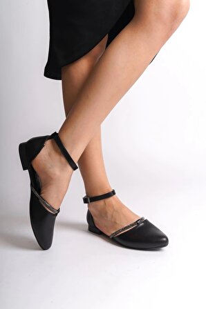 MONICA Tokalı Ortopedik Rahat Taban Taş Detaylı Kadın Babet Ayakkabı ST Siyah