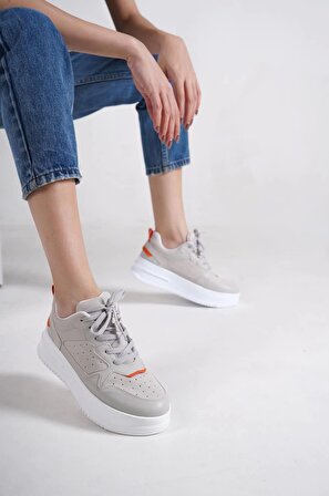 ALESSI Bağcıklı Ortopedik Taban Kadın Sneaker Ayakkabı BT Gri/Turuncu