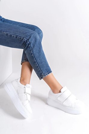 VALENCIA Bağcıksız Cırt Cırtlı Ortopedik Taban Kadın Sneaker Ayakkabı BT Beyaz