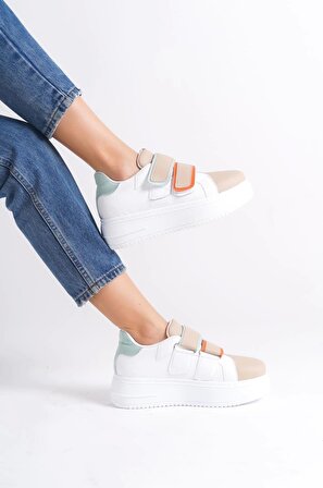 VALENCIA Bağcıksız Cırt Cırtlı Ortopedik Taban Kadın Sneaker Ayakkabı BT Beyaz/Ten