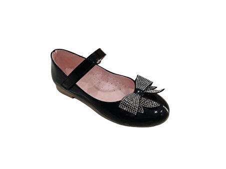 Zerhan 155 Kız Çocuk Siyah Rugan Fiyonklu Taşlı Cırtlı Babet Ayakkabı
