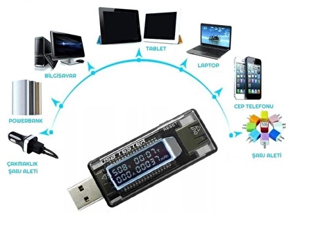 LED Ekranlı USB Voltmetre Ampermetre USB Şarj Kapasitesi Test Cihazı