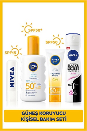 SUN Güneş Koruyucu Sprey SPF50 200ml, Q10 Yüz Kremi 50ml, Dudak Bakım Kremi, Sprey Deodorant 150ml