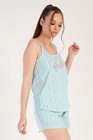 Kadın Mint Pamuklu İp Askılı Şortlu Pijama Takım
