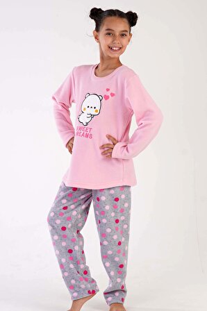 Kız Çocuk Pembe Polar Uzun Kol Pijama Takımı