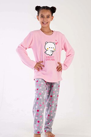 Kız Çocuk Pembe Polar Uzun Kol Pijama Takımı