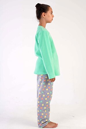 Kız Çocuk Yeşil Polar Uzun Kol Pijama Takımı